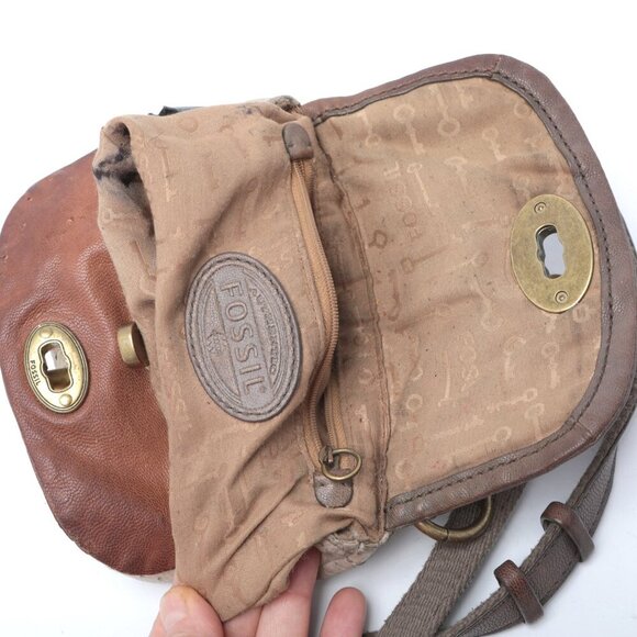 FOSSIL Mason Leather Crossbody Bag Two Tone Sling Purse Bag Brown Cream Small - Picture 16 of 16